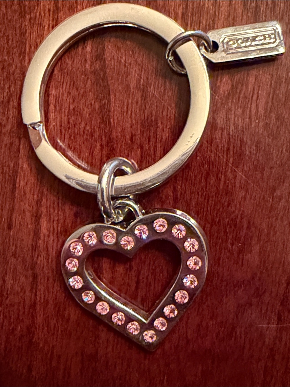 Coach Silver-Tone Key Ring with Pink Rhinestones